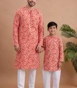 Orange woven & floral printed cotton kurta pant set father son matching combo