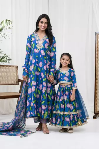 Teal blue hand embroidered chanderi kurta set & lehenga choli mother daughter matching combo