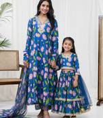 Teal blue hand embroidered chanderi kurta set & lehenga choli mother daughter matching combo