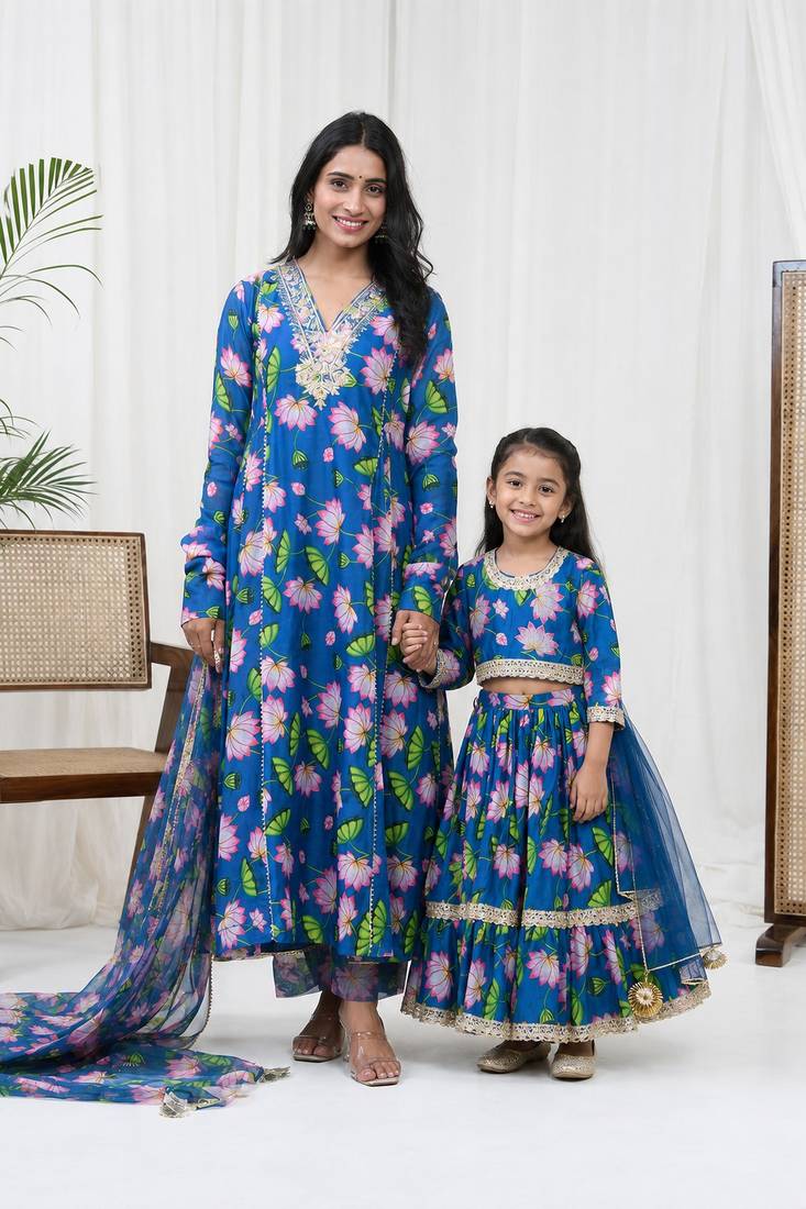 Teal blue hand embroidered chanderi kurta set & lehenga choli mother daughter matching combo