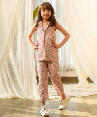 Pink beaded & solid cotton salwar suit mother daughter matching combo 3