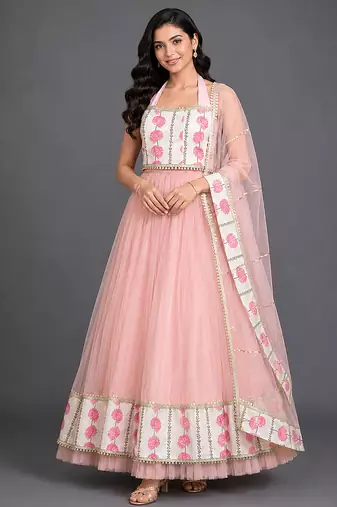 Blue & pink floral printed cotton silk lehenga choli mother daughter matching combo