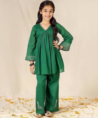 Green gota patti blended cotton anarkali set & top and bottom set mother daughter matching combo 3
