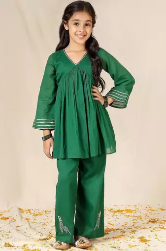 Green gota patti blended cotton anarkali set & top and bottom set mother daughter matching combo