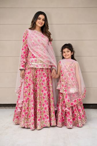 Pink floral printed & gota patti cotton skirt set & sharara set mother daughter matching combo