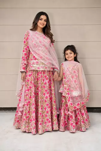 Pink floral printed & gota patti cotton skirt set & sharara set mother daughter matching combo