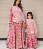 Pink floral printed & gota patti cotton skirt set & sharara set mother daughter matching combo