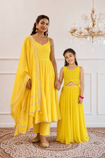 Yellow gota patti & solid blended cotton anarkali set & skirt set mother daughter matching combo