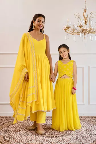Yellow gota patti & solid blended cotton anarkali set & skirt set mother daughter matching combo