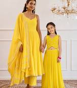 Yellow gota patti & solid blended cotton anarkali set & skirt set mother daughter matching combo