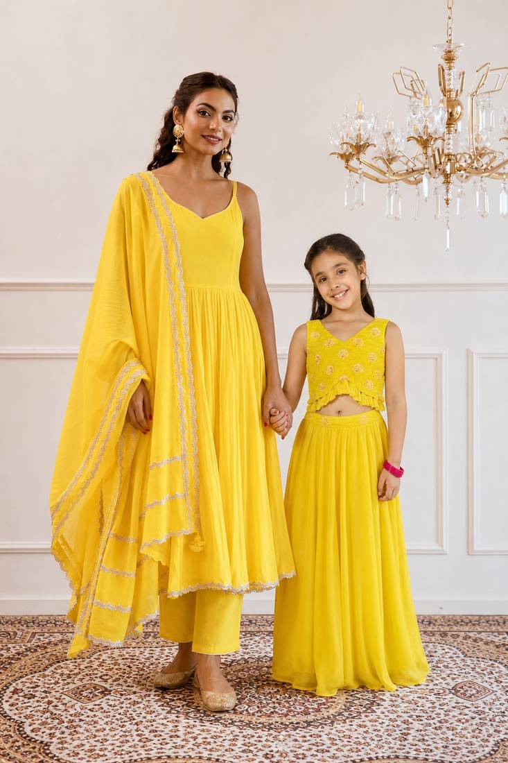 Yellow gota patti & solid blended cotton anarkali set & skirt set mother daughter matching combo