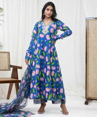 Teal blue hand embroidered chanderi kurta set & lehenga choli mother daughter matching combo 2