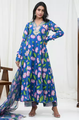Teal blue hand embroidered chanderi kurta set & lehenga choli mother daughter matching combo