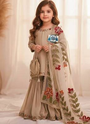 Beige sequinned silk sharara set mother daughter matching combo 3