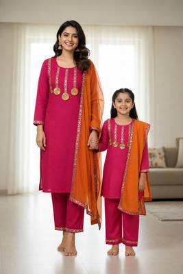 Pink embroidered cotton full sleeve kurta set mother daughter matching combo 1