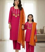 Pink embroidered cotton full sleeve kurta set mother daughter matching combo