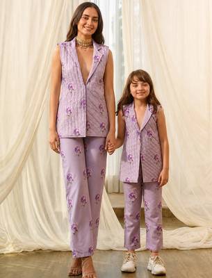 Lilac beaded & solid cotton salwar suit mother daughter matching combo 1
