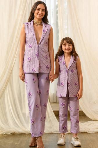 Lilac beaded & solid cotton salwar suit mother daughter matching combo