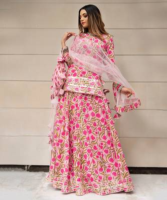 Pink floral printed & gota patti cotton skirt set & sharara set mother daughter matching combo 2
