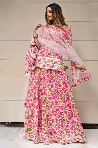 Pink floral printed & gota patti cotton skirt set & sharara set mother daughter matching combo