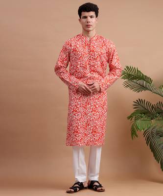 Orange woven & floral printed cotton kurta pant set father son matching combo 2