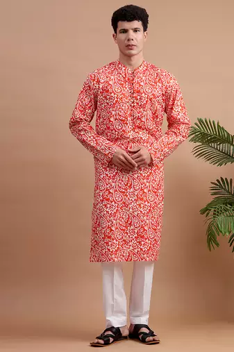 Orange woven & floral printed cotton kurta pant set father son matching combo