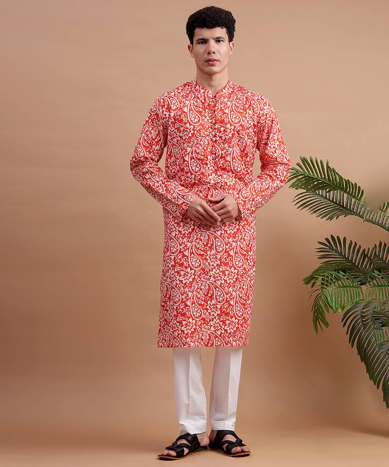 Orange woven & floral printed cotton kurta pant set father son matching combo