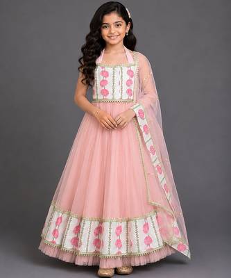 Blue & pink floral printed cotton silk lehenga choli mother daughter matching combo 3