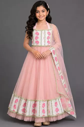 Blue & pink floral printed cotton silk lehenga choli mother daughter matching combo