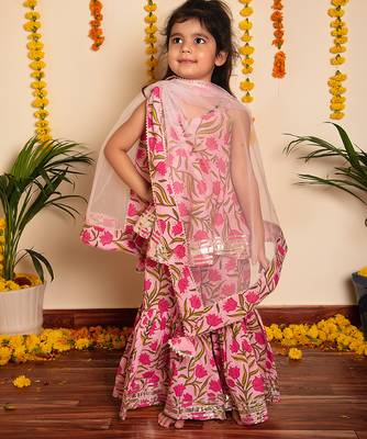 Pink floral printed & gota patti cotton skirt set & sharara set mother daughter matching combo 3
