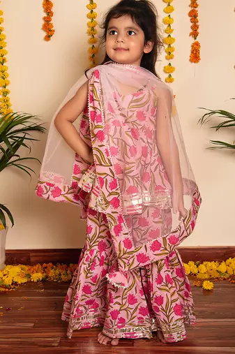 Pink floral printed & gota patti cotton skirt set & sharara set mother daughter matching combo