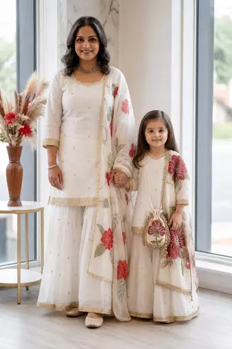 White sequinned silk sharara set mother daughter matching combo