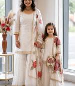 White sequinned silk sharara set mother daughter matching combo