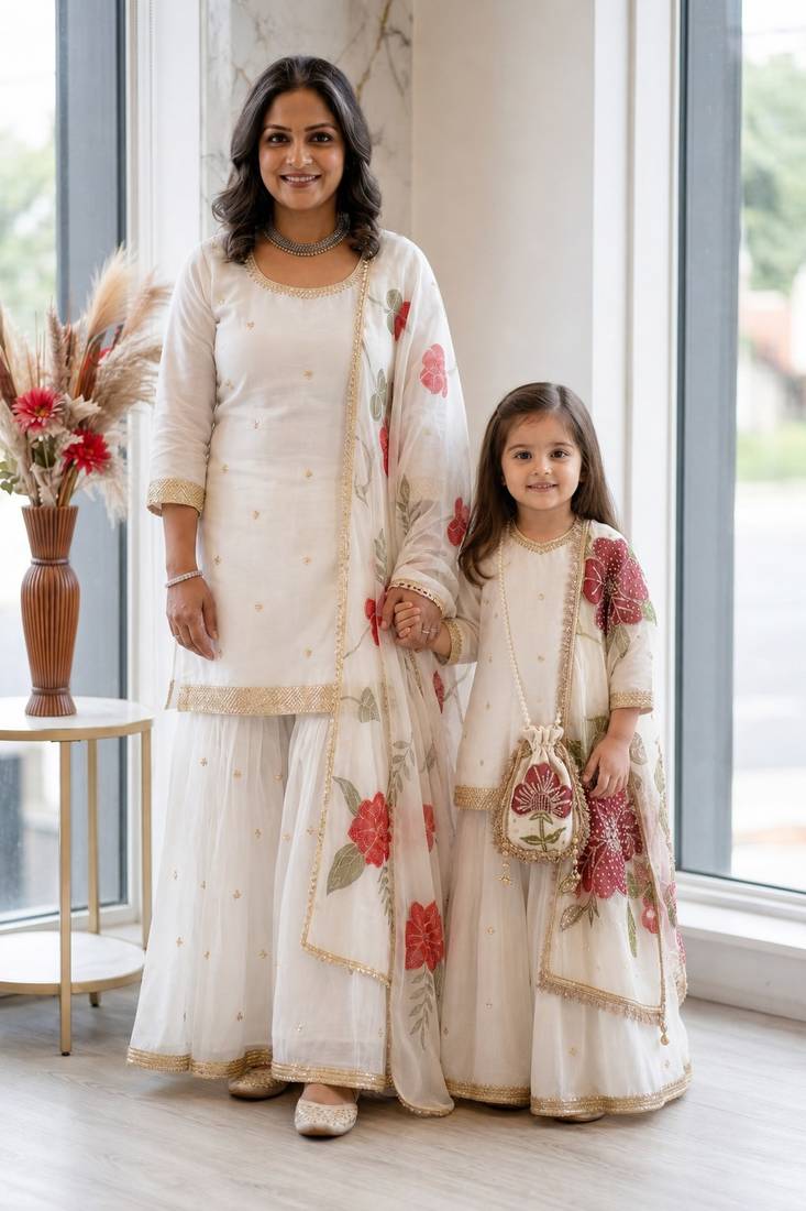 White sequinned silk sharara set mother daughter matching combo
