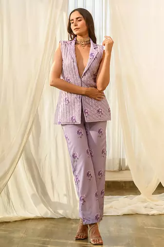 Lilac beaded & solid cotton salwar suit mother daughter matching combo