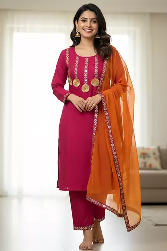 Pink embroidered cotton full sleeve kurta set mother daughter matching combo