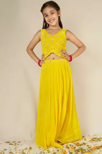 Yellow gota patti & solid blended cotton anarkali set & skirt set mother daughter matching combo