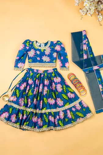 Teal blue hand embroidered chanderi kurta set & lehenga choli mother daughter matching combo