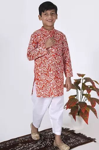 Orange woven & floral printed cotton kurta pant set father son matching combo