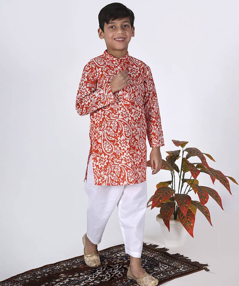 Orange woven & floral printed cotton kurta pant set father son matching combo