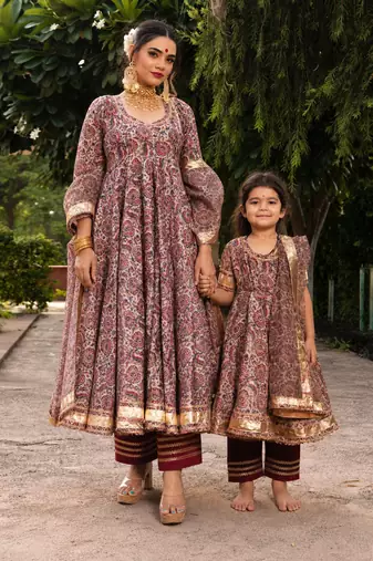 Maroon & brown floral printed & gota patti organza anarkali set mother daughter matching combo