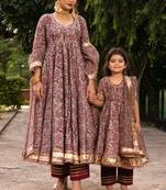 Maroon & brown floral printed & gota patti organza anarkali set mother daughter matching combo