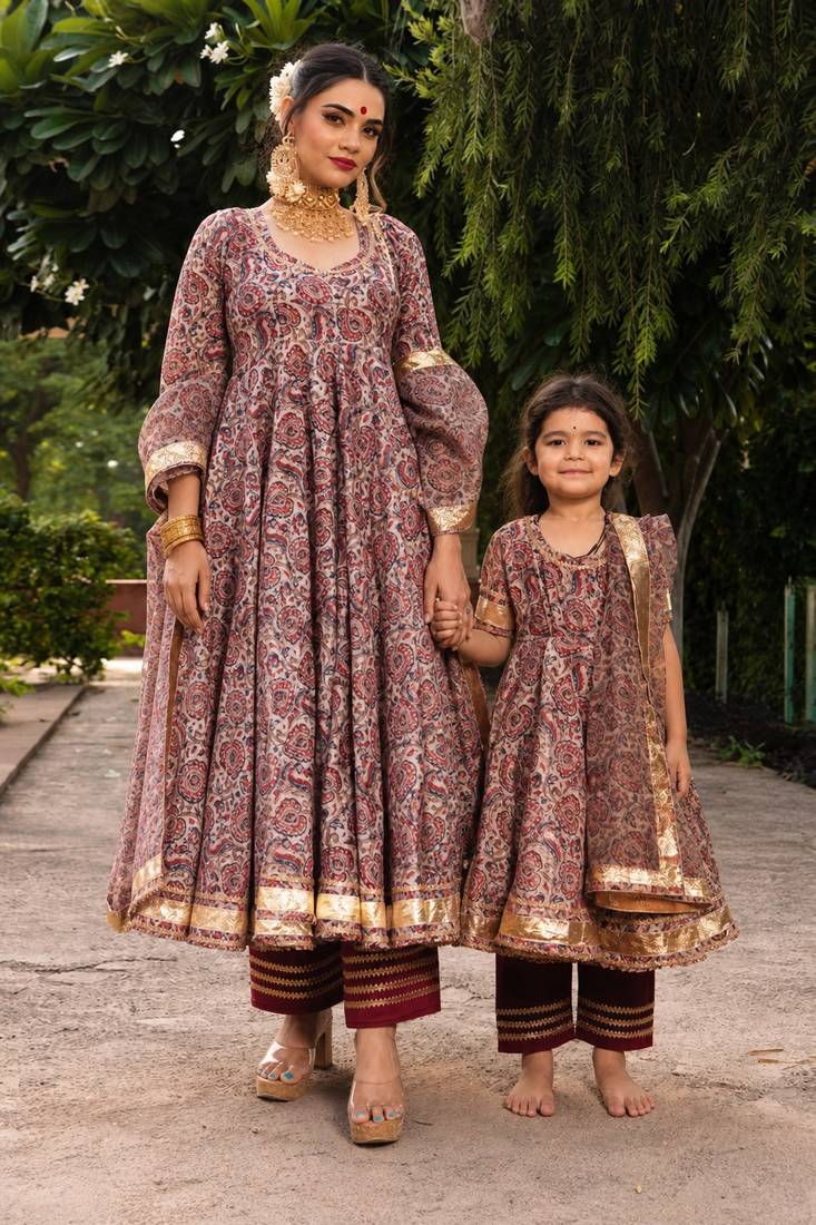 Maroon & brown floral printed & gota patti organza anarkali set mother daughter matching combo