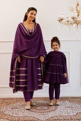 Purple gota patti & solid blended cotton anarkali set mother daughter matching combo 1