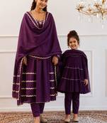 Purple gota patti & solid blended cotton anarkali set mother daughter matching combo