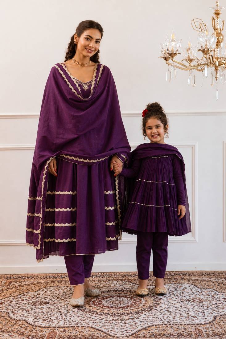 Purple gota patti & solid blended cotton anarkali set mother daughter matching combo