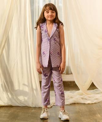 Lilac beaded & solid cotton salwar suit mother daughter matching combo 3