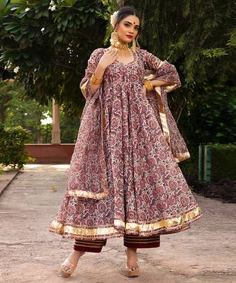 Maroon & brown floral printed & gota patti organza anarkali set mother daughter matching combo 2