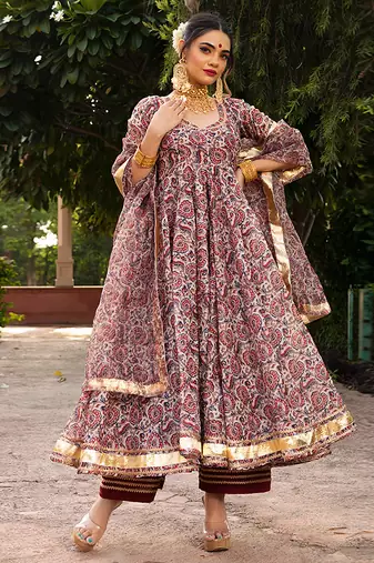 Maroon & brown floral printed & gota patti organza anarkali set mother daughter matching combo
