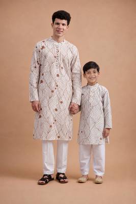 Brown woven & floral printed cotton kurta pant set father son matching combo 1